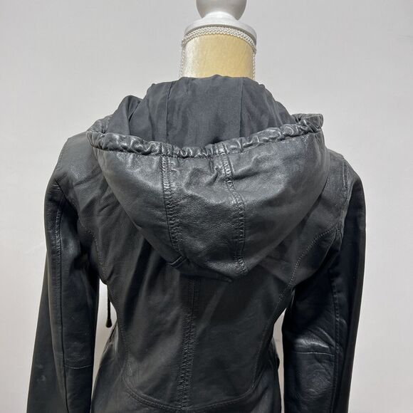 Joie Lamb Leather Silk Lined Black Moto Jacket Removable Hood Womens Size S - Picture 3 of 6